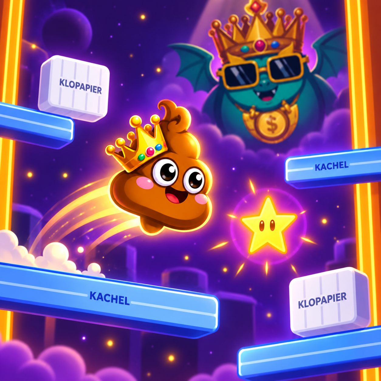 Eine gekrönte Kackwurst und ein Drache fliegen durch eine bunte Arcade-Welt